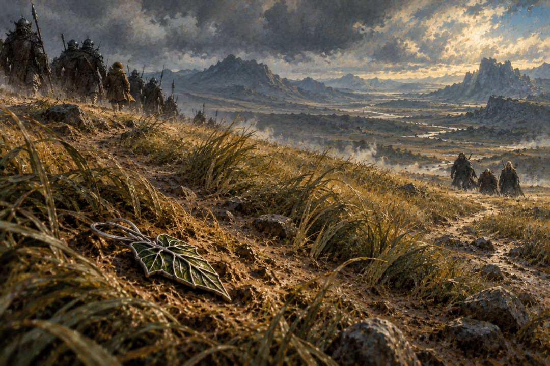 A green leaf-shaped Elven brooch rests beside a trail through the windswept grasslands of Rohan.