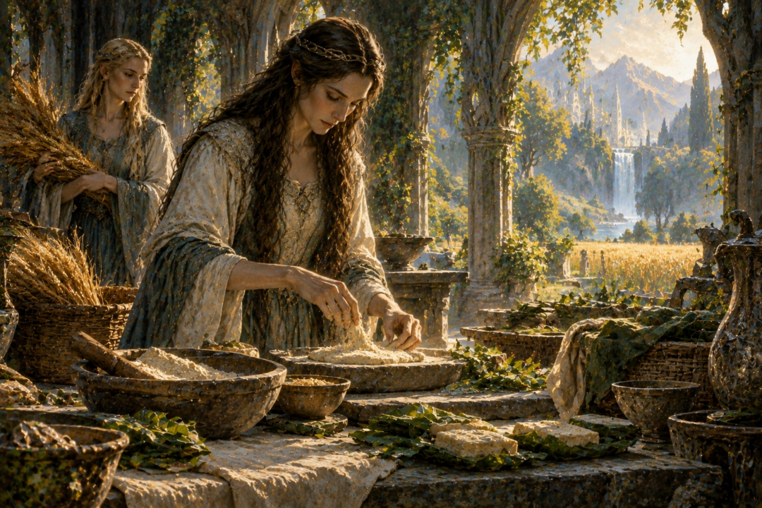 An Elven bread-woman prepares lembas from precious grain according to an ancient inherited tradition.