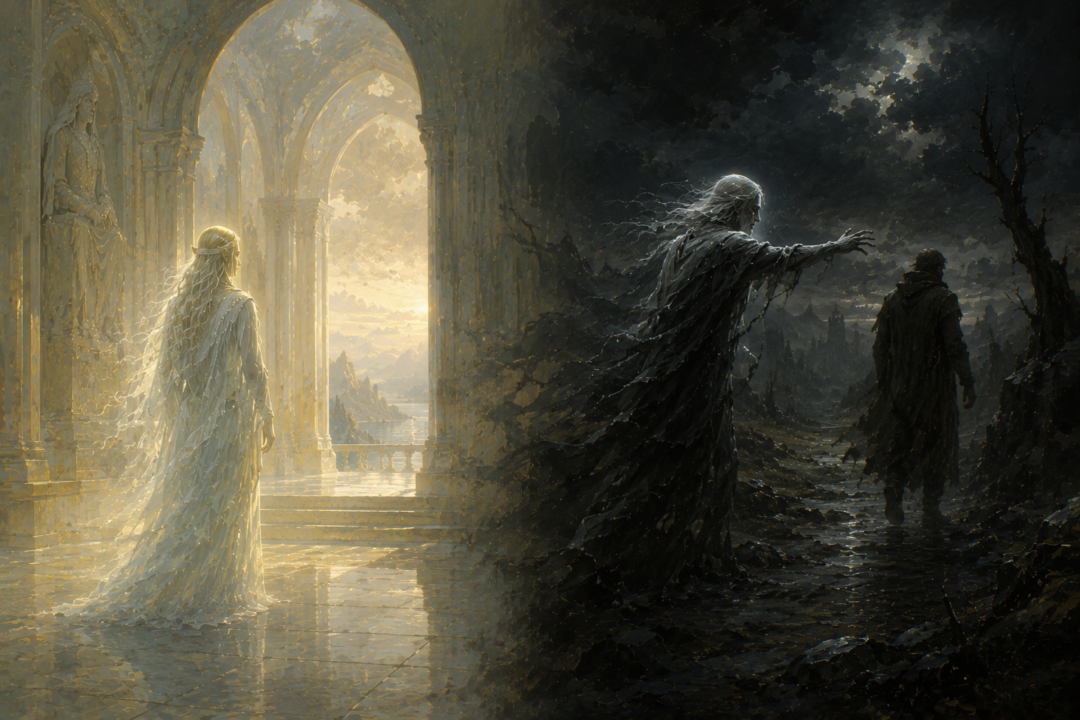 Symbolic contrast between lawful Elven re-embodiment and a houseless spirit seeking a living body