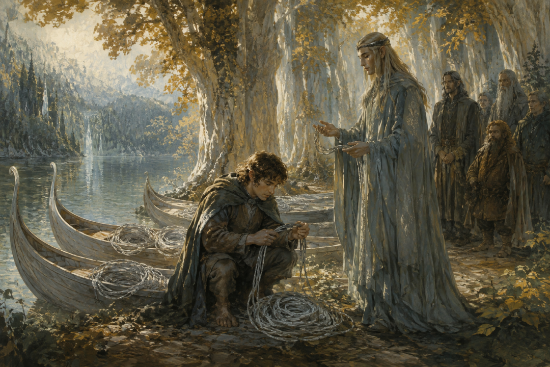 Frodo and Sam watching the Lórien rope fall from the cliff after their descent through the Emyn Muil