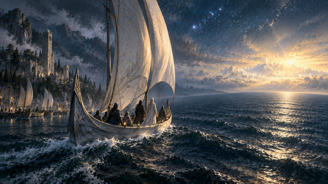 Elven ship leaving the Grey Havens and following the Straight Road toward the enduring Undying Lands