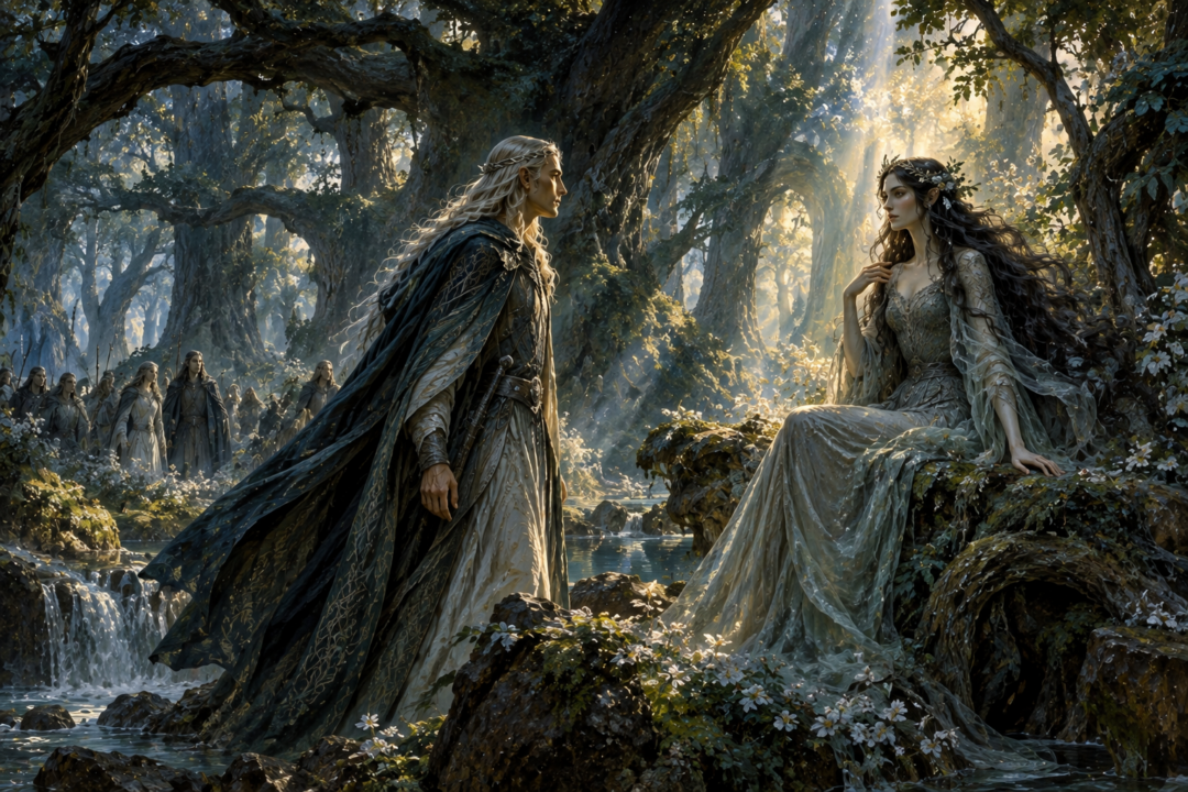 Elwë encountering Melian beneath the ancient trees of Nan Elmoth during the Great Journey.
