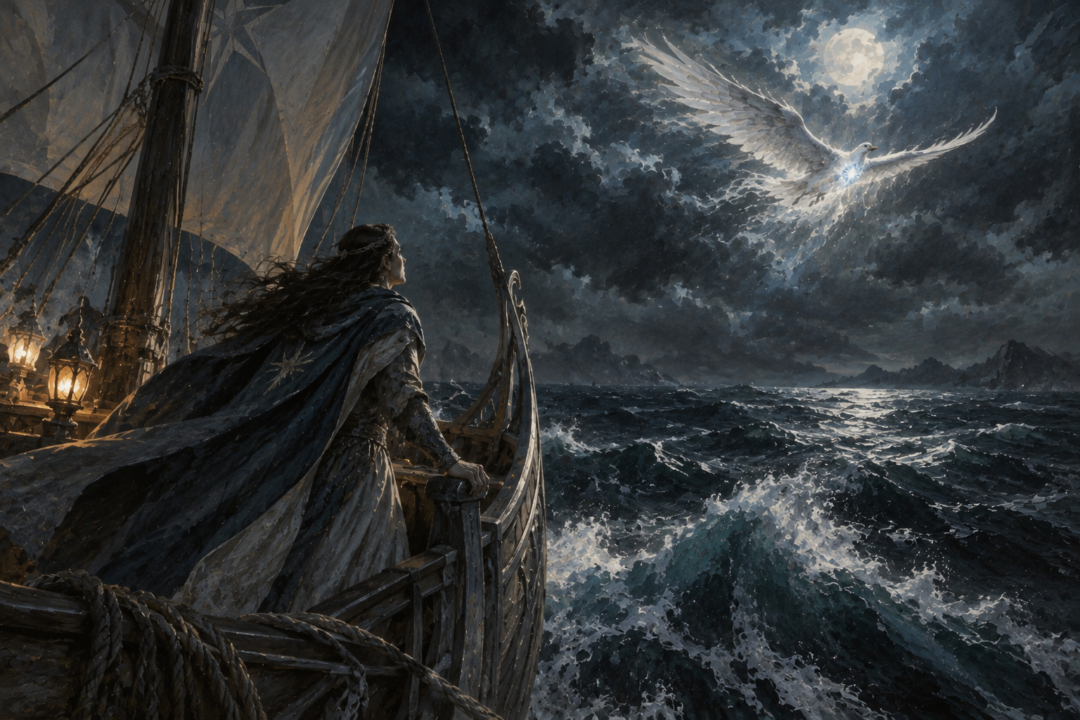 Elwing as a great white bird carrying the Silmaril as she flies toward Eärendil and Vingilot
