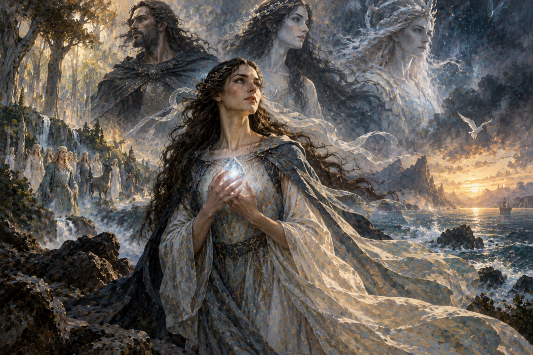 Elwing with the Silmaril surrounded by symbolic echoes of her mortal, Elven, and Maia ancestry.