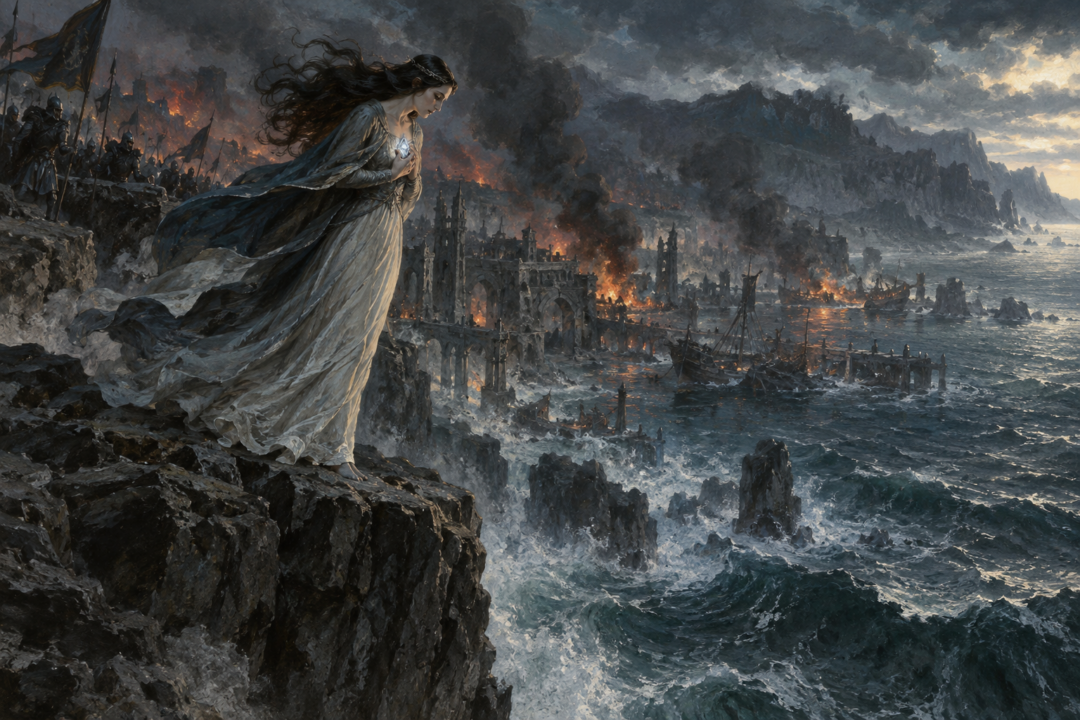 Elwing carrying the Silmaril at the edge of the sea during the destruction of the Havens of Sirion
