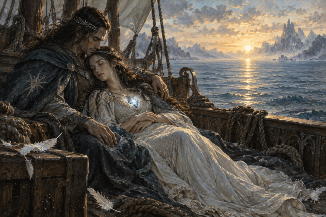 Eärendil finding Elwing restored to her own form aboard Vingilot after her flight across the sea