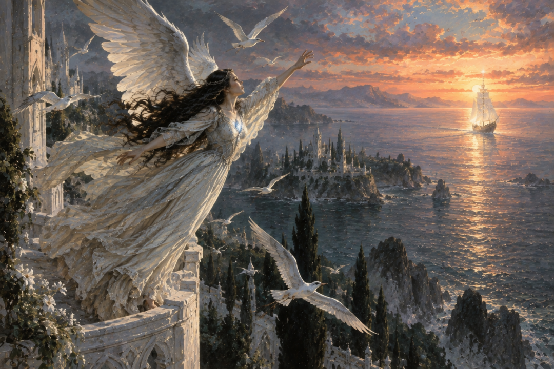 Elwing flying from her white tower in the West to greet the returning Eärendil
