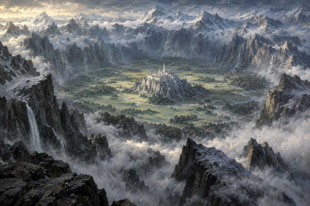 Gondolin on Amon Gwareth surrounded by the immense Encircling Mountains and the hidden plain of Tumladen