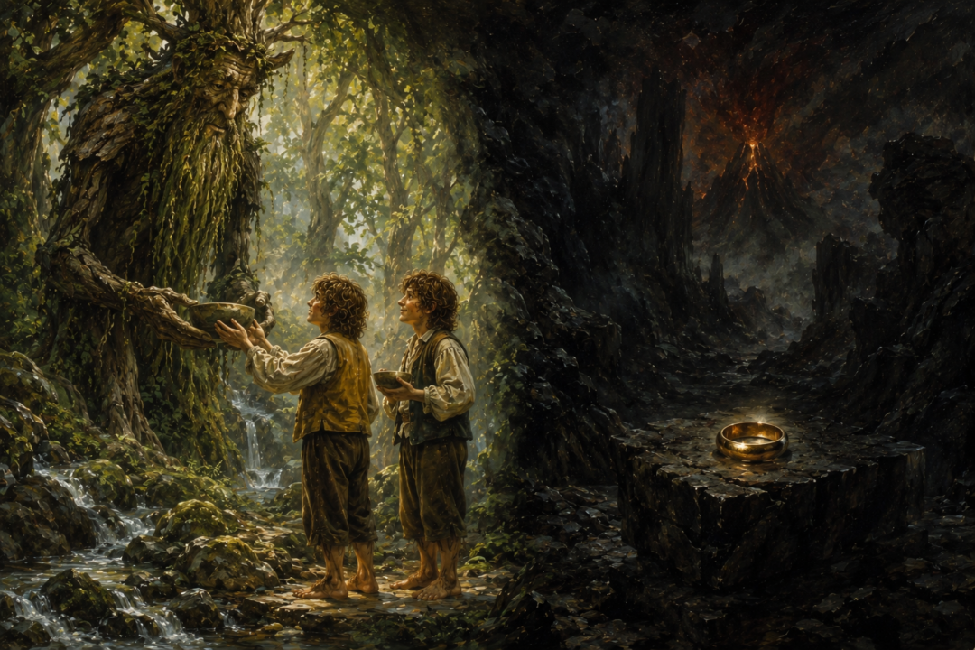 A symbolic contrast between Merry and Pippin receiving life-giving Ent-draught and the isolating power represented by the One Ring.