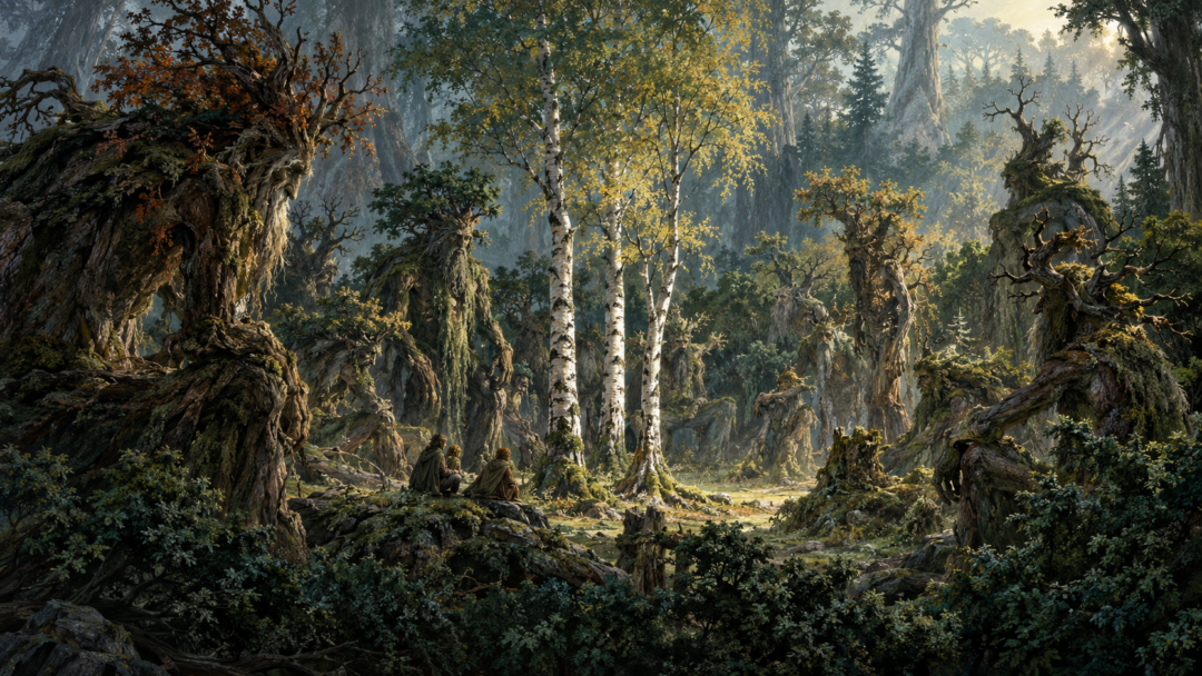 Ents gather for the long Entmoot in Derndingle while Merry and Pippin watch beneath the ancient tree-shepherds.