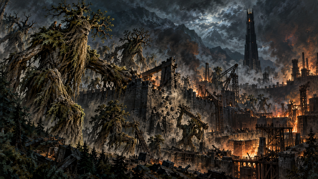 Ents assault the walls and industrial works of Isengard at night while the tower of Orthanc remains standing.