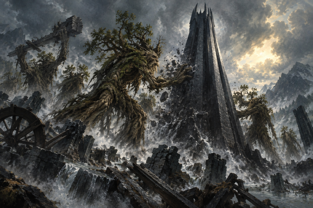 Ents attacking the ancient black stone of Orthanc while the surrounding structures of Isengard lie ruined