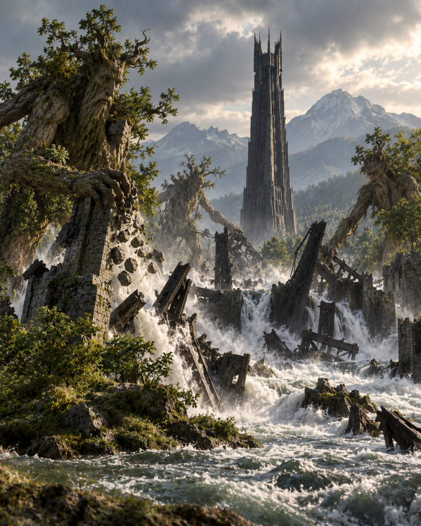 Ents destroying and flooding Saruman’s Isengard while the black tower of Orthanc remains standing