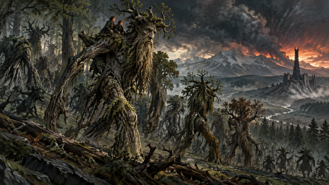 Treebeard and the Ents leave Fangorn with Merry and Pippin as the Last March toward Isengard begins.
