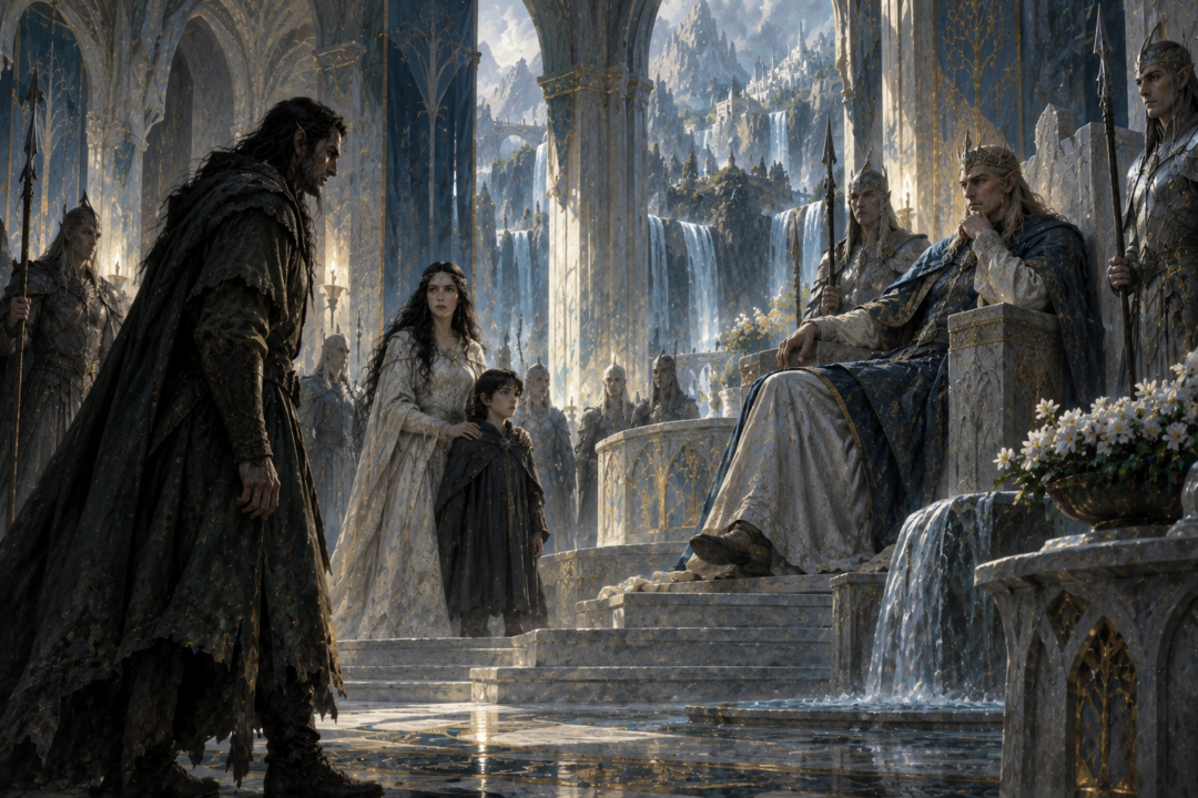Eöl standing defiantly before King Turgon after discovering the secret way into Gondolin
