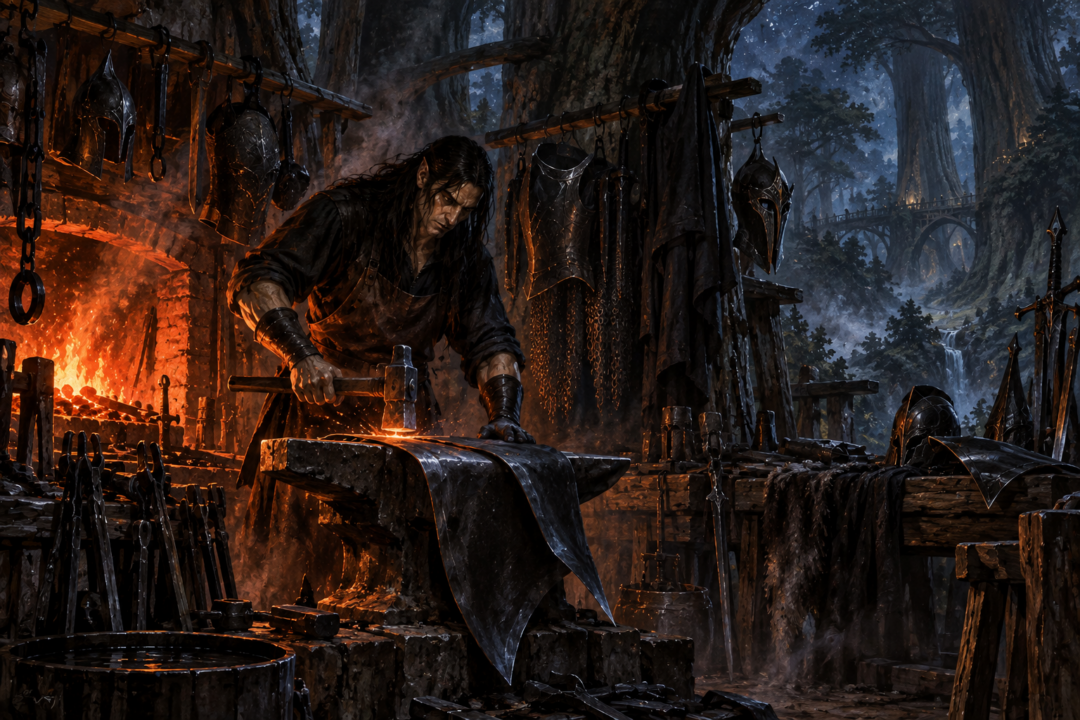 Eöl learning metalwork among Dwarven smiths in the deep halls of Nogrod or Belegost
