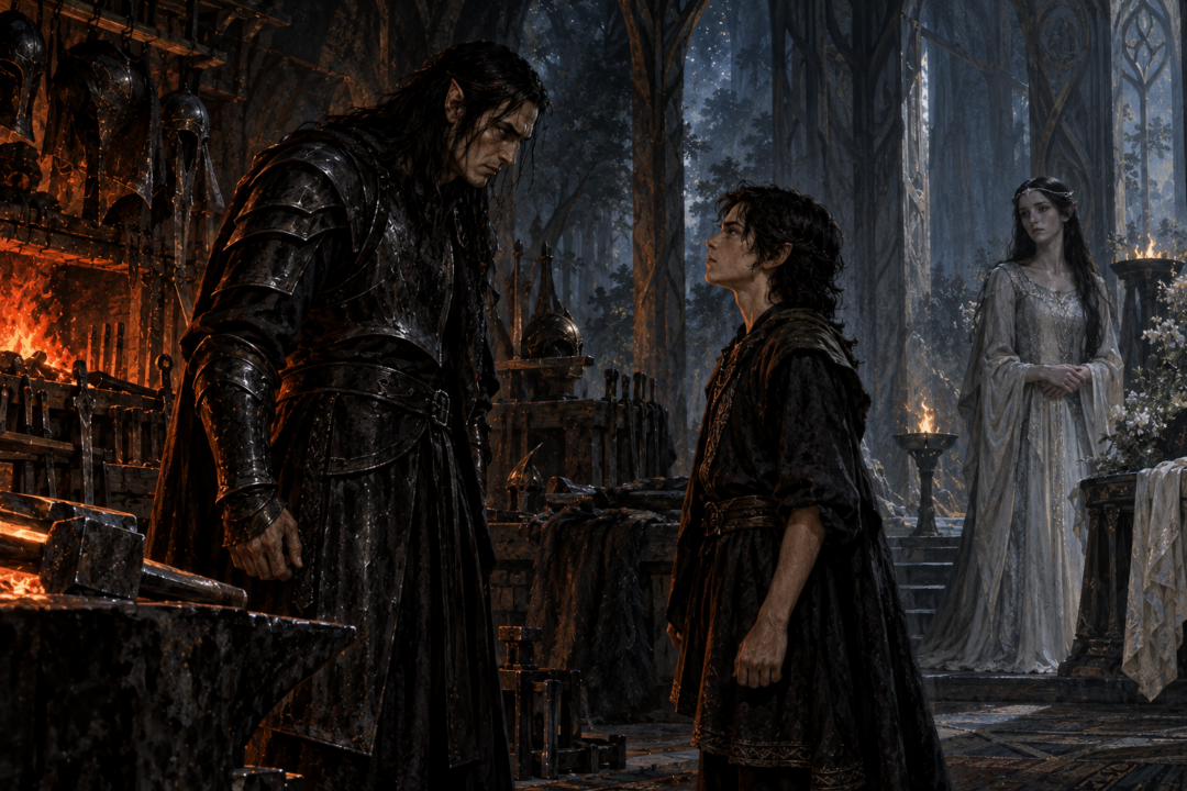 Eöl working jet-black galvorn at his forge in the shadowed forest of Nan Elmoth