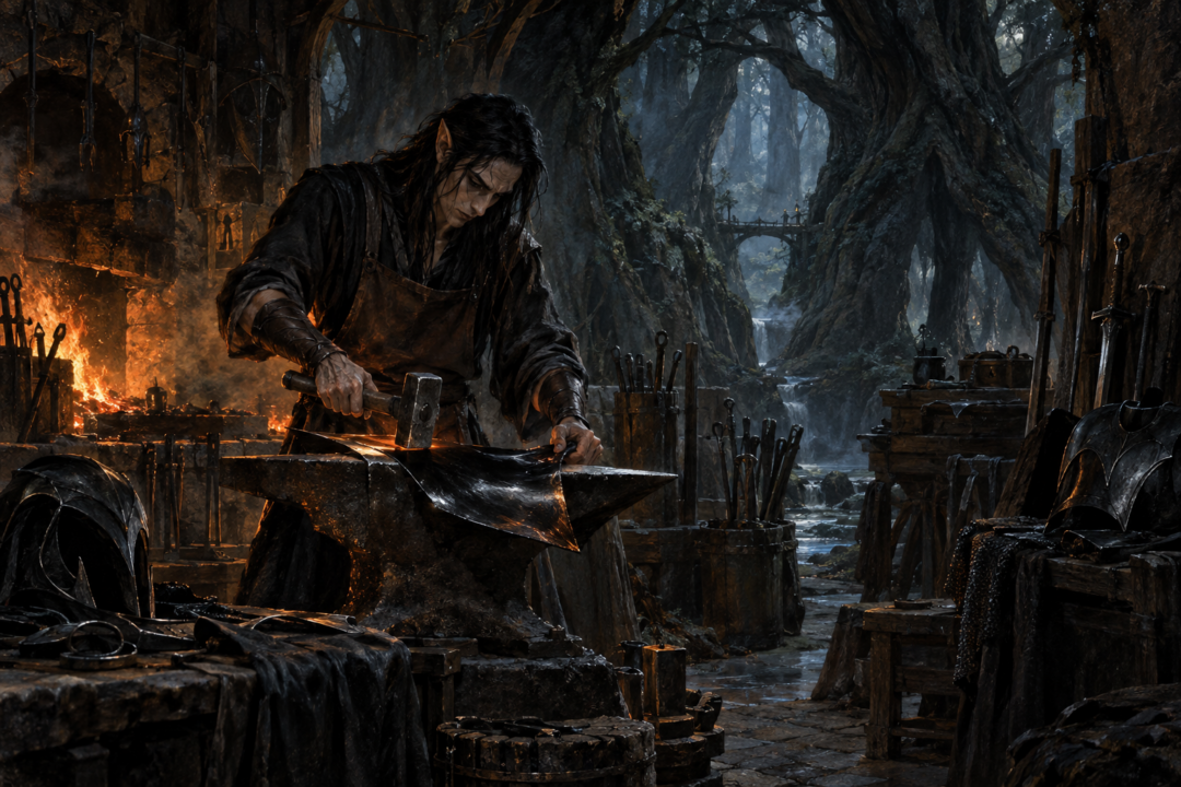 Eöl forging black shining galvorn in his secluded smithy beneath the ancient trees of Nan Elmoth