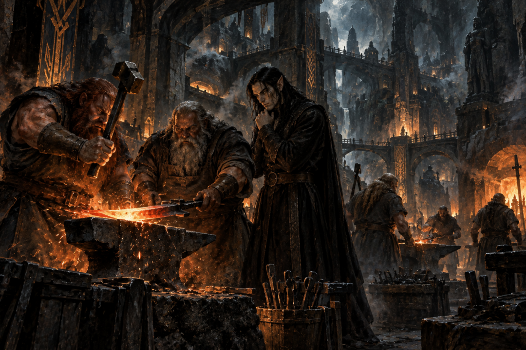 Eöl learning metalworking from Dwarven smiths in the deep halls of Nogrod or Belegost