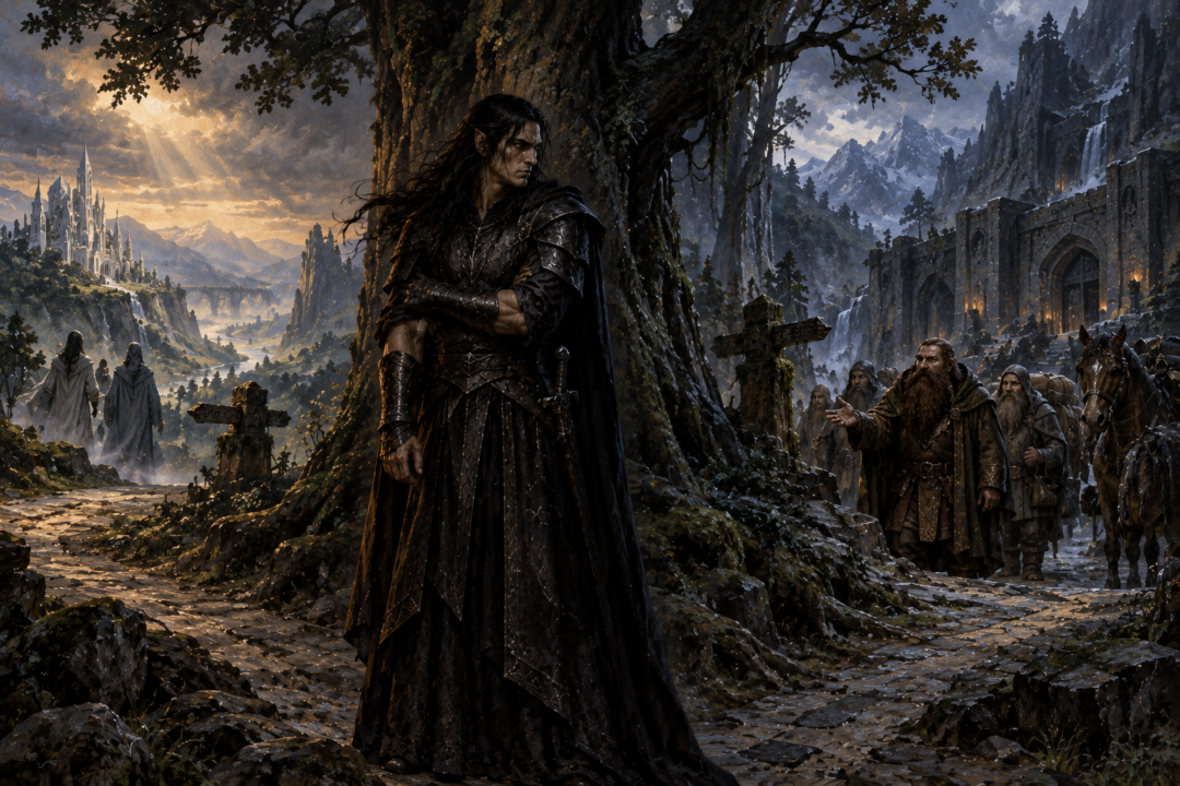Eöl confronting Maeglin over his interest in his Noldorin kin inside the dim halls of Nan Elmoth