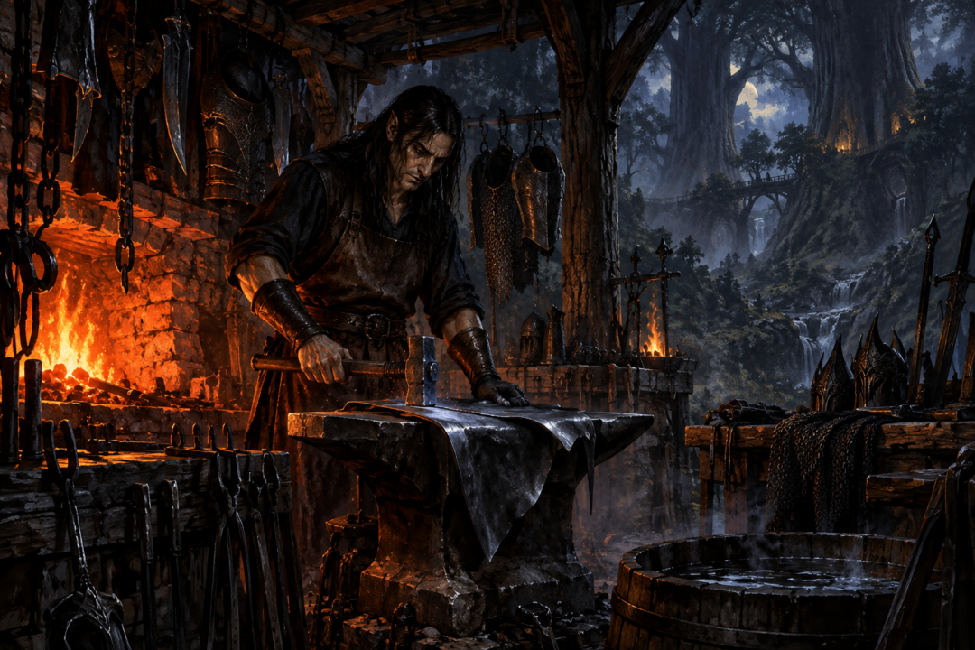 Eöl meeting Dwarven travellers from the Blue Mountains beneath the dark trees of Nan Elmoth