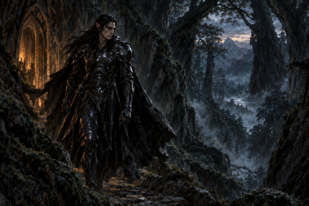 Eöl traveling through the shadows of Nan Elmoth wearing his distinctive black galvorn armour