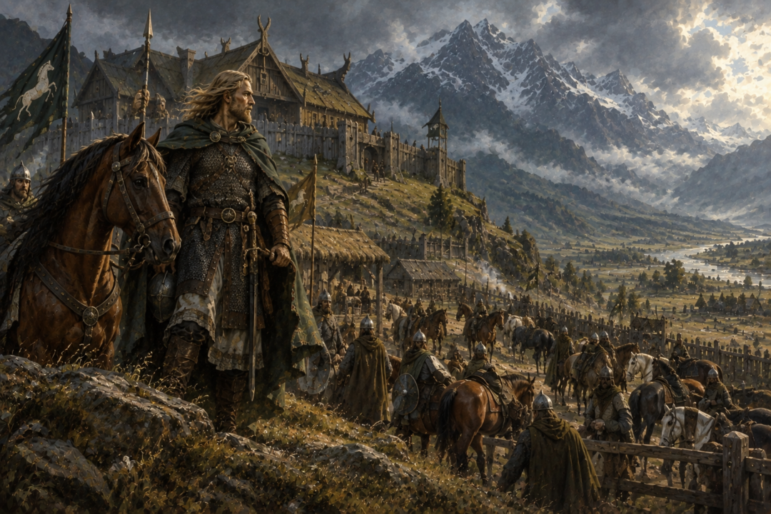 Éomer and Rohirric riders assembling at the ancient royal settlement of Aldburg in the Folde.