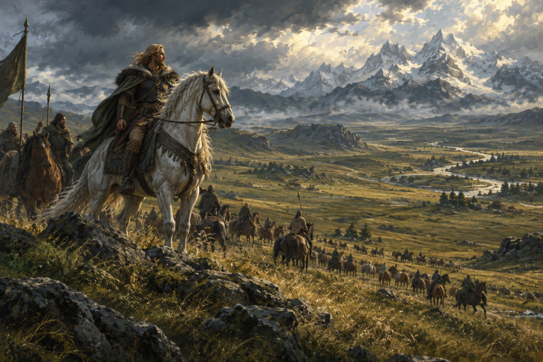 Eorl the Young riding Felaróf while overlooking the green lands of Calenardhon that became Rohan.
