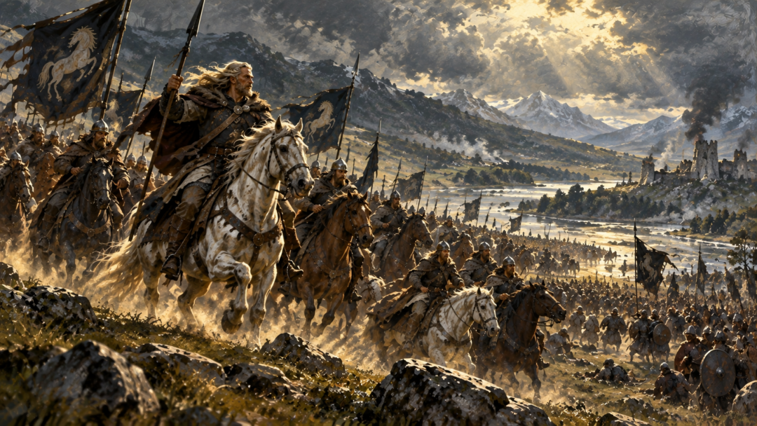 Eorl the Young leading the Éothéod south to aid Gondor at the Field of Celebrant.