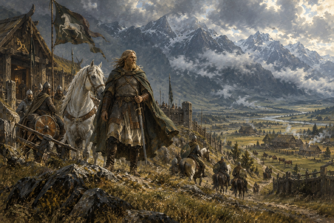 Eorl the Young at the early royal seat of Aldburg in the Folde beneath the White Mountains.