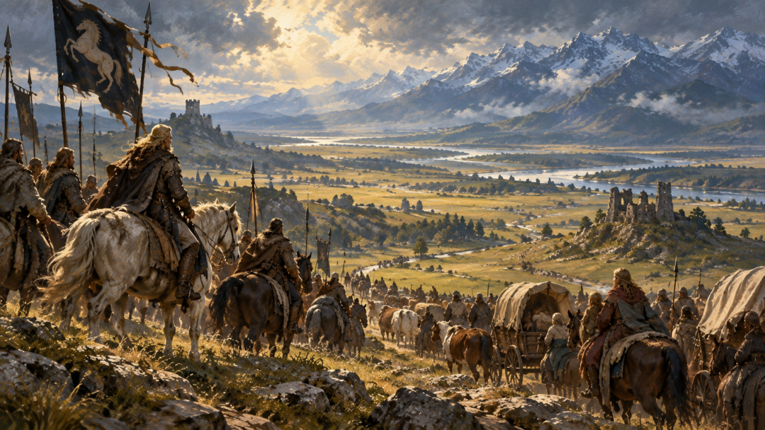 Éothéod riders and families entering the wide grasslands of Calenardhon granted to them by Cirion.