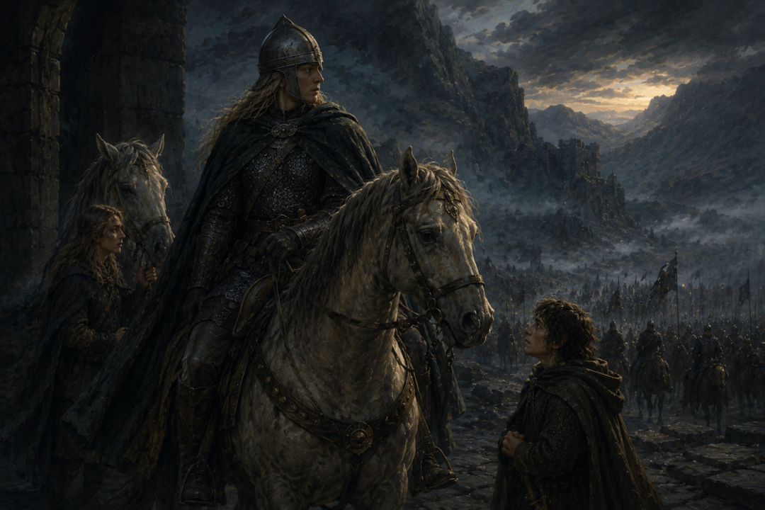 Éowyn secretly prepares to ride from Dunharrow disguised as Dernhelm with the Rohirrim host.
