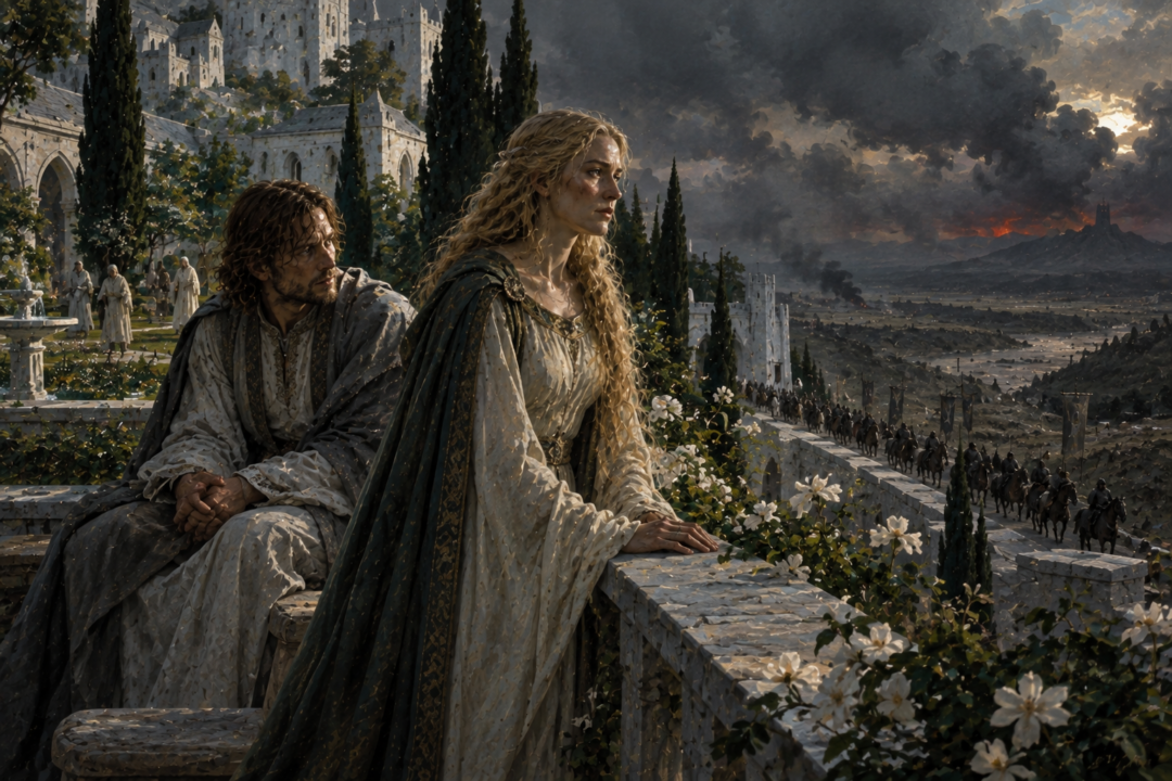 Éowyn and Faramir recovering in the gardens of the Houses of Healing while the armies march toward Mordor.