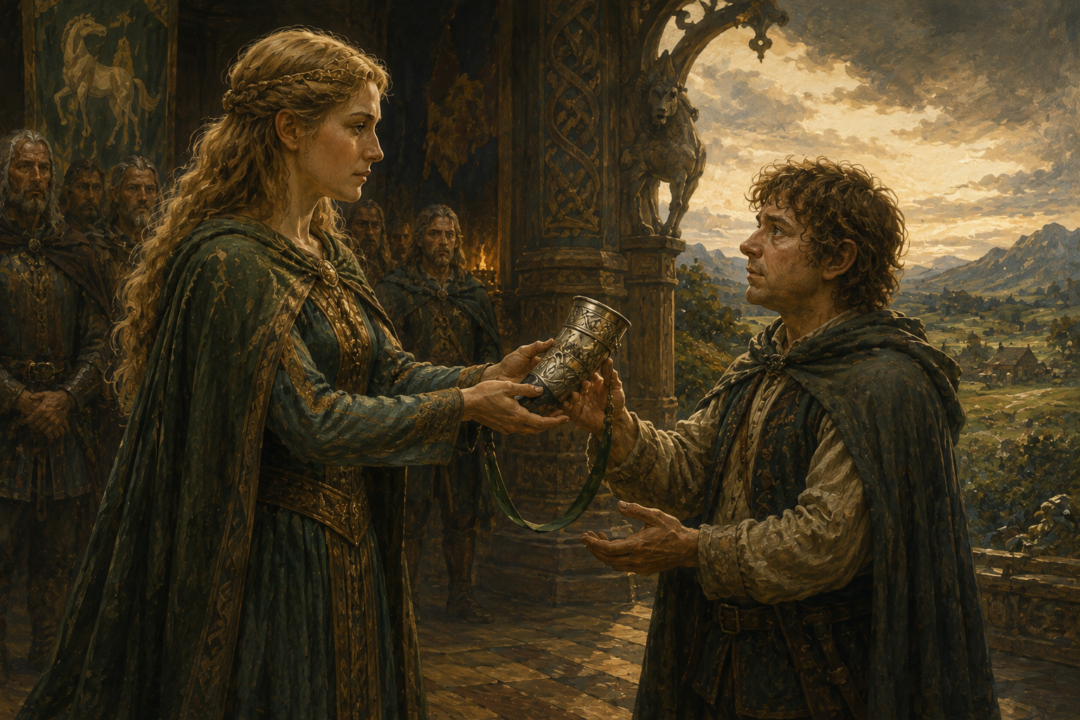Éowyn presents Merry Brandybuck with the ancient silver Horn of the Mark before his departure from Rohan.