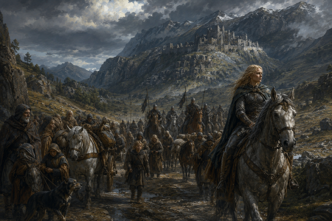 Éowyn leads the people of Rohan into the mountain refuge of Dunharrow during the War of the Ring.