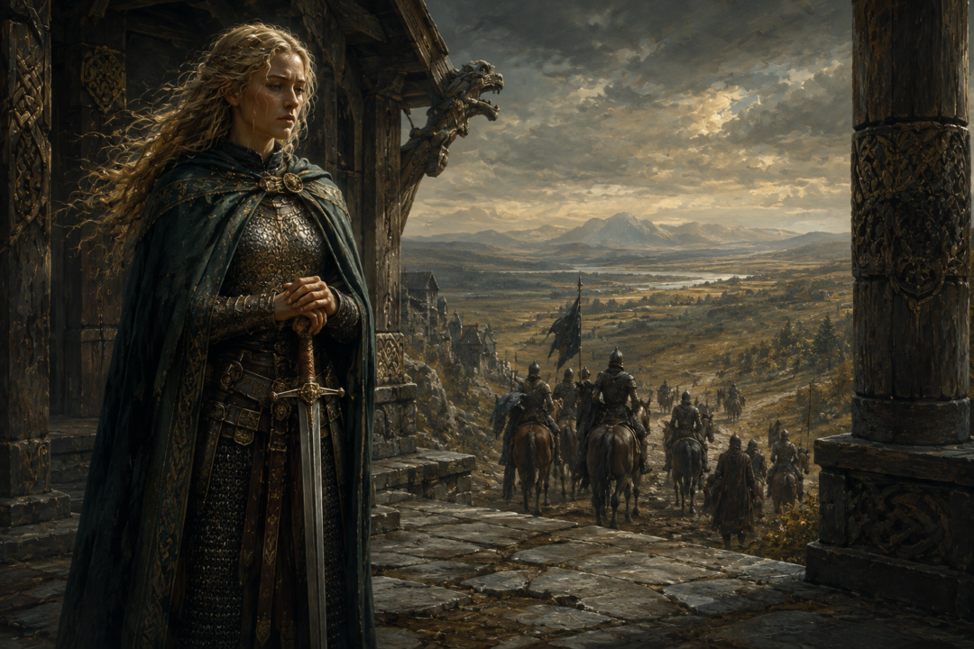 Éowyn stands armed before Meduseld as Théoden and the Riders of Rohan depart Edoras for war.