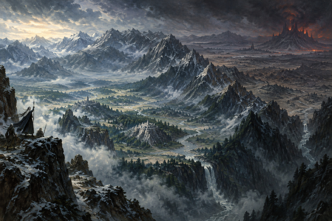 The Ered Wethrin forming a vast mountain barrier around Hithlum and Dor-lómin in the First Age.