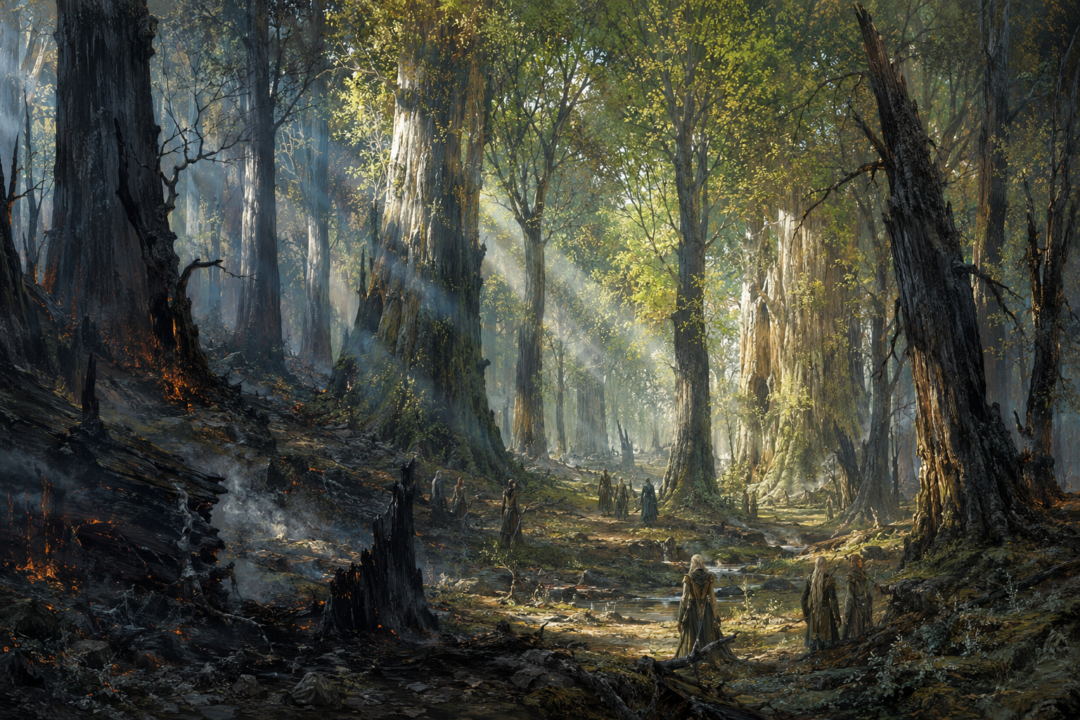 Eryn Lasgalen renewing after the fall of Sauron with green leaves growing among the fire-scarred trees of former Mirkwood