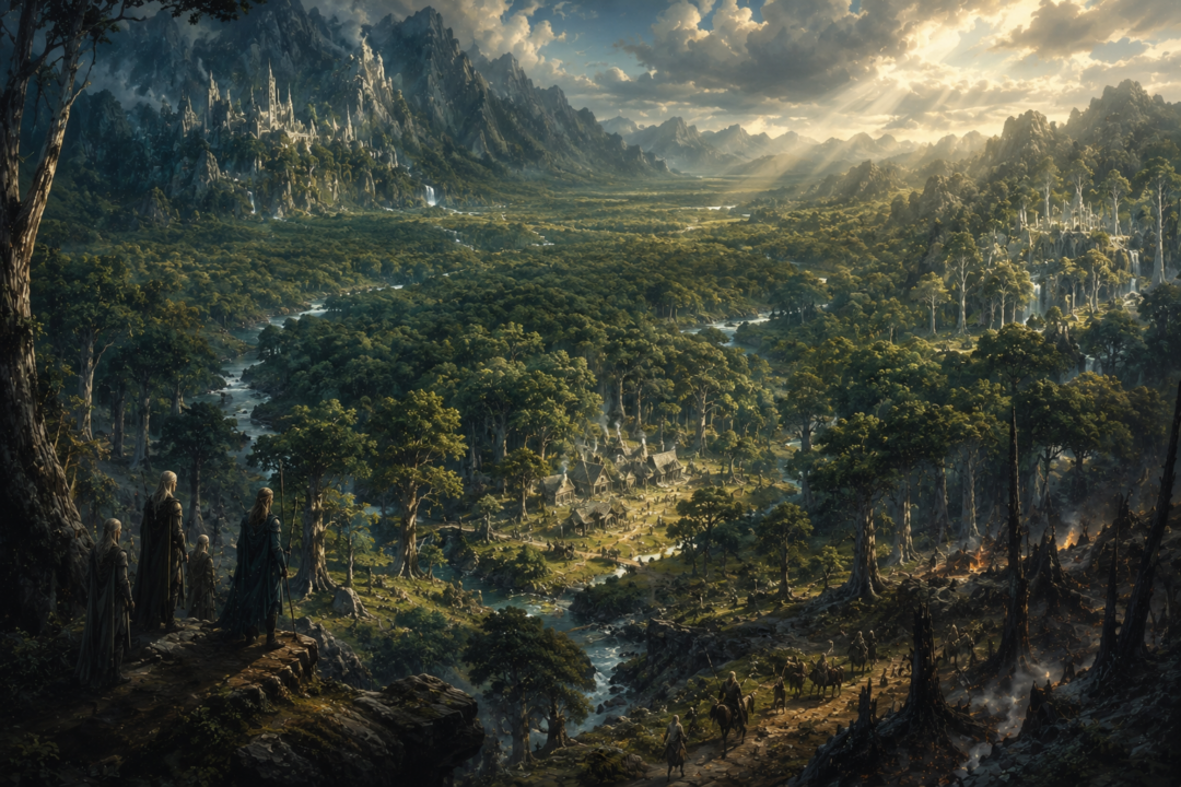 Panoramic view of Eryn Lasgalen showing the renewed forest shared by Thranduil's realm, the Woodmen, Beornings and East Lórien