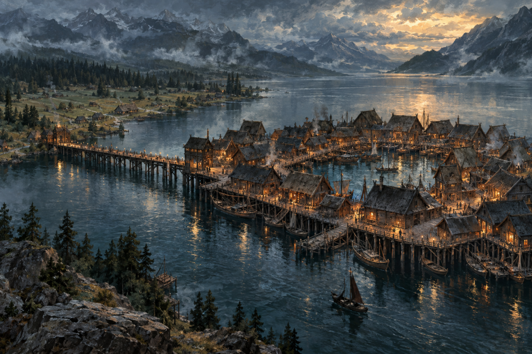 Esgaroth standing on wooden piles in the Long Lake with its bridge, quays, boats, and central water market.