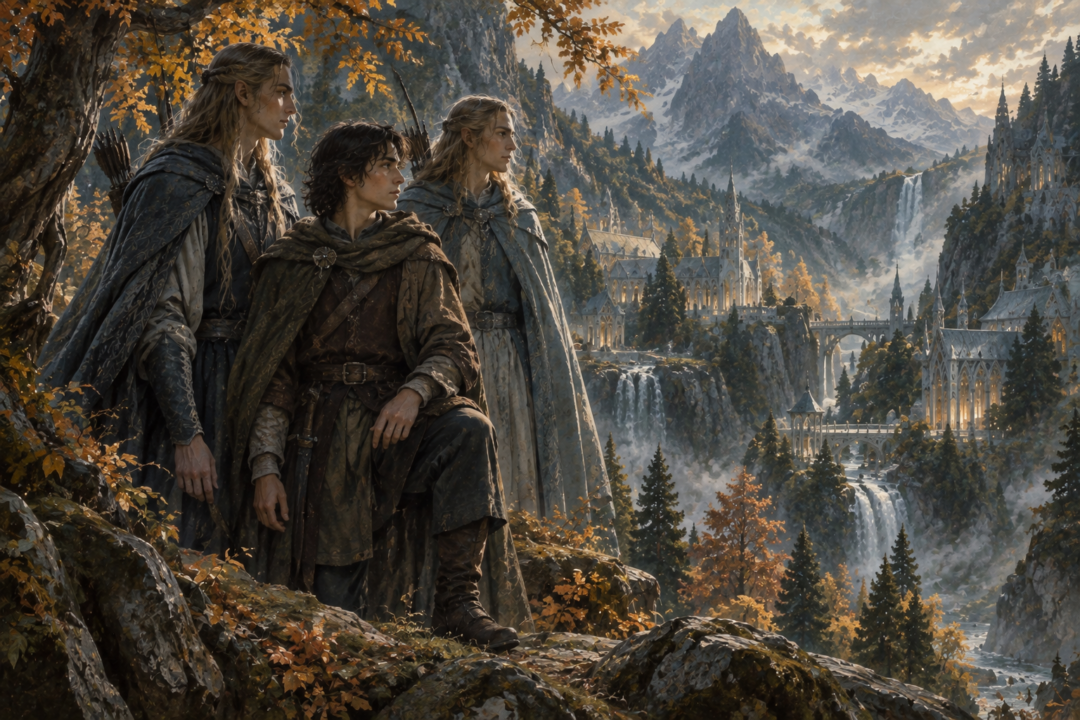Young Aragorn as Estel stands with Elladan and Elrohir above the valley of Rivendell.