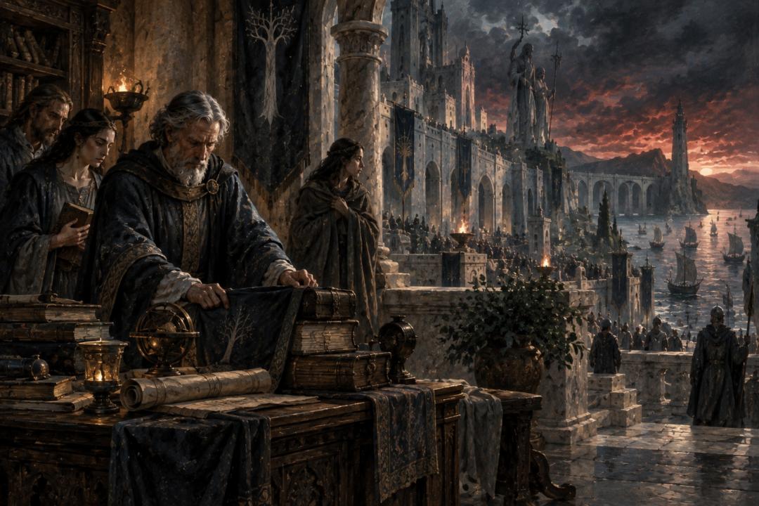 A member of the Faithful quietly preserving Elvish lore during the darkening final centuries of Númenor