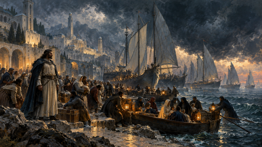 The Faithful prepare nine ships off the eastern coast of Númenor with families, heirlooms, scrolls, and stores.