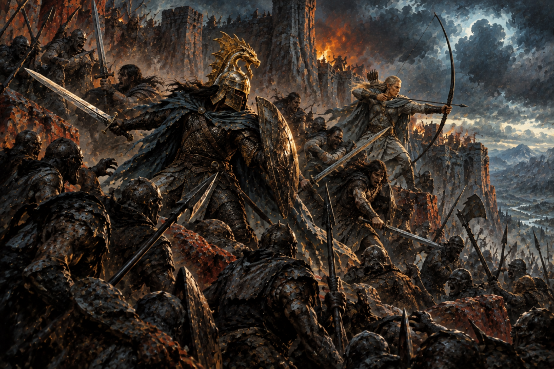 Túrin wearing the Dragon-helm during the Orc assault that destroys his refuge at Amon Rûdh