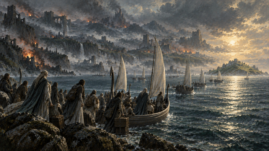 Refugees sail away from the failing realms of Beleriand toward the distant sanctuary of the Isle of Balar.