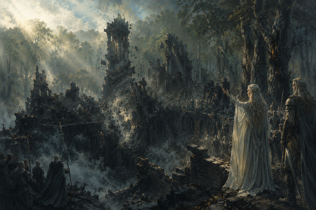 Galadriel, Celeborn and the Elves of Lórien at the ruined fortress of Dol Guldur after the forest is cleansed