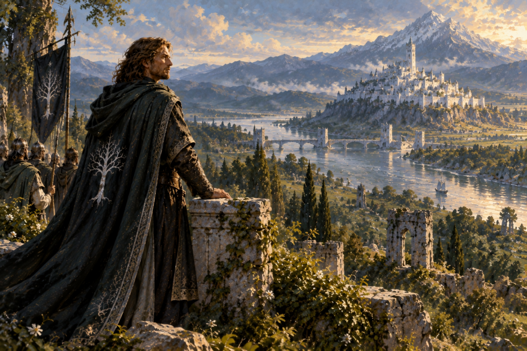 Faramir looking from Emyn Arnen across the Anduin toward Minas Tirith as Prince of Ithilien and Steward