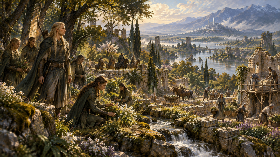 Faramir and Éowyn overlooking the recovering countryside of Ithilien from their new home in the hills of Emyn Arnen.