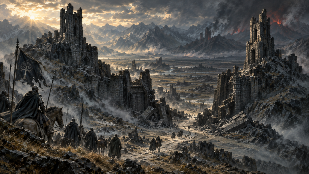 Faramir and his guard overlook restored Ithilien toward the Mountains of Shadow in the early Fourth Age.
