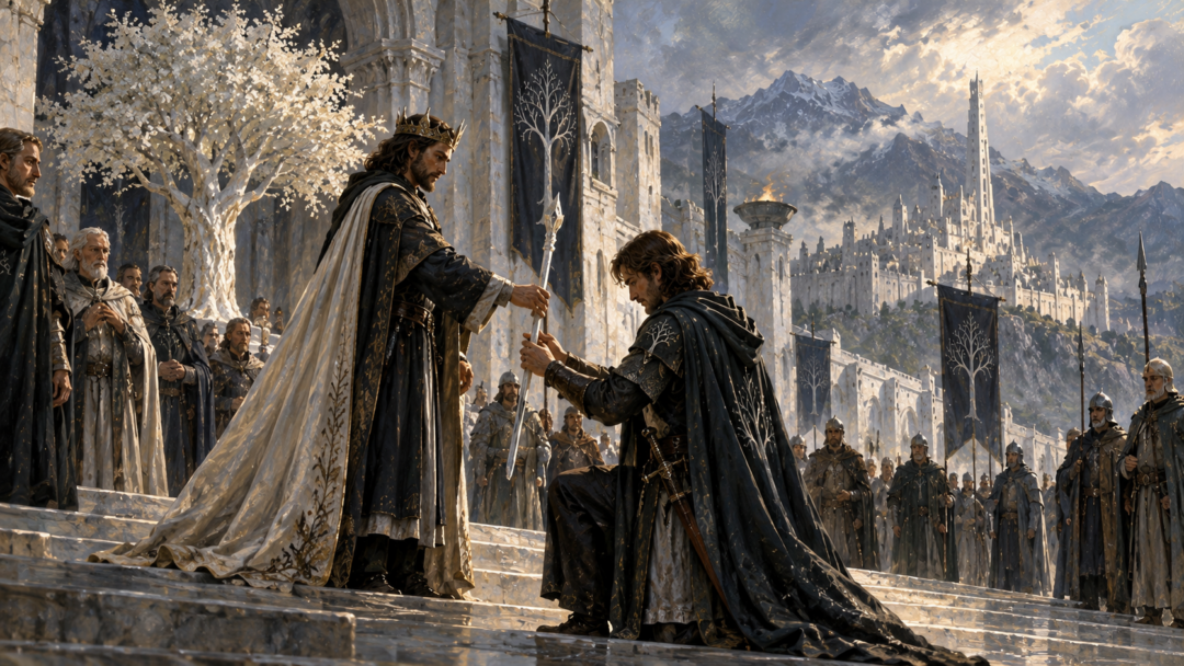 Faramir overlooking the recovering lands of Ithilien from Emyn Arnen with the Anduin and distant Minas Tirith beyond.